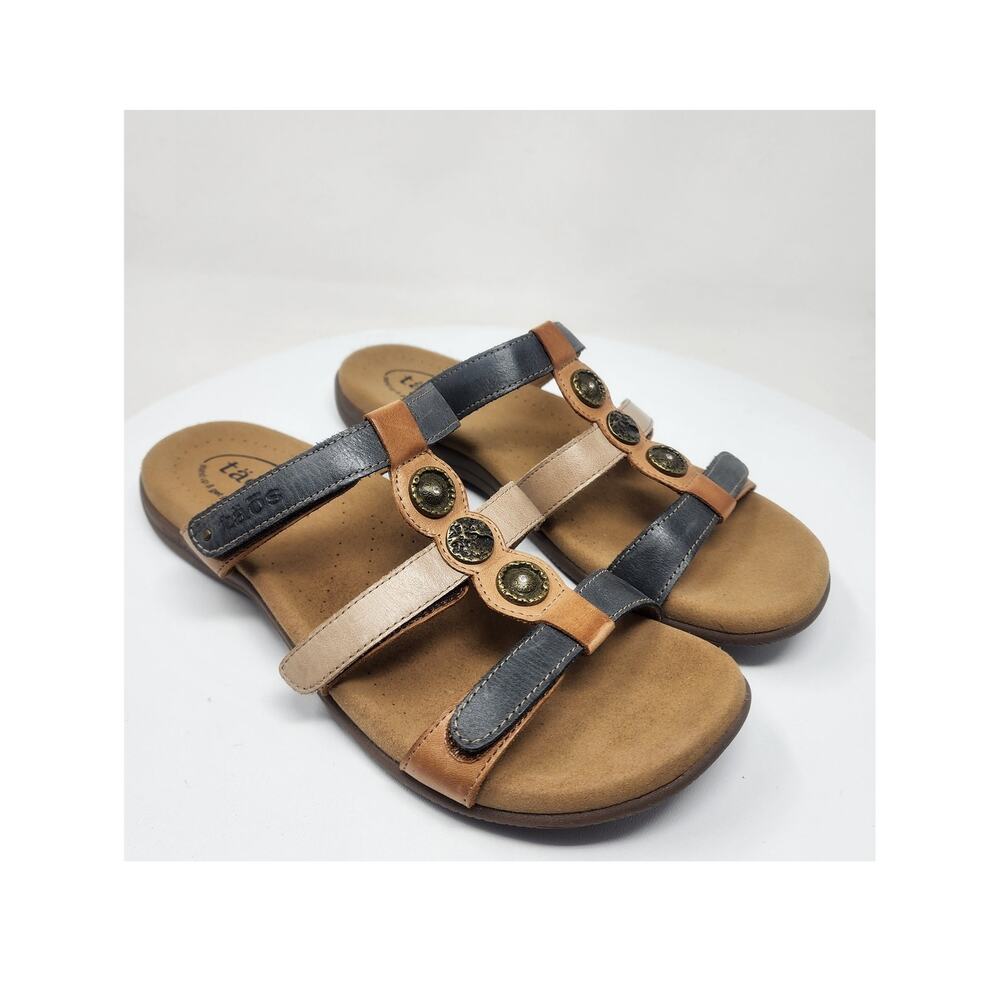 Taos Prize 4 Slide Sandals Women 11 Steel Muti Blue Tan Leather Rhinestone 14021